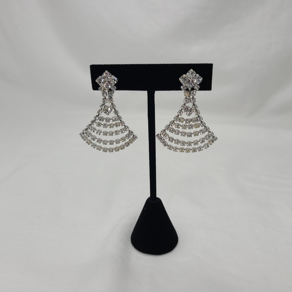 RARE Vintage Sherman Dangle Clip On Earrings Silver Tone Rhinestone Signed - Picture 2 of 7